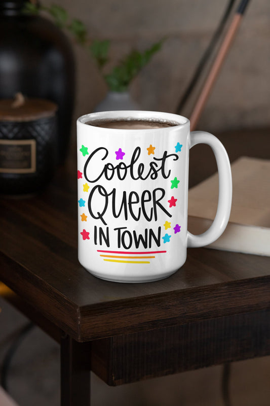 Coolest Queer In Town - 15 oz Ceramic Mug Enamel Coated with handle. design printed on both sides