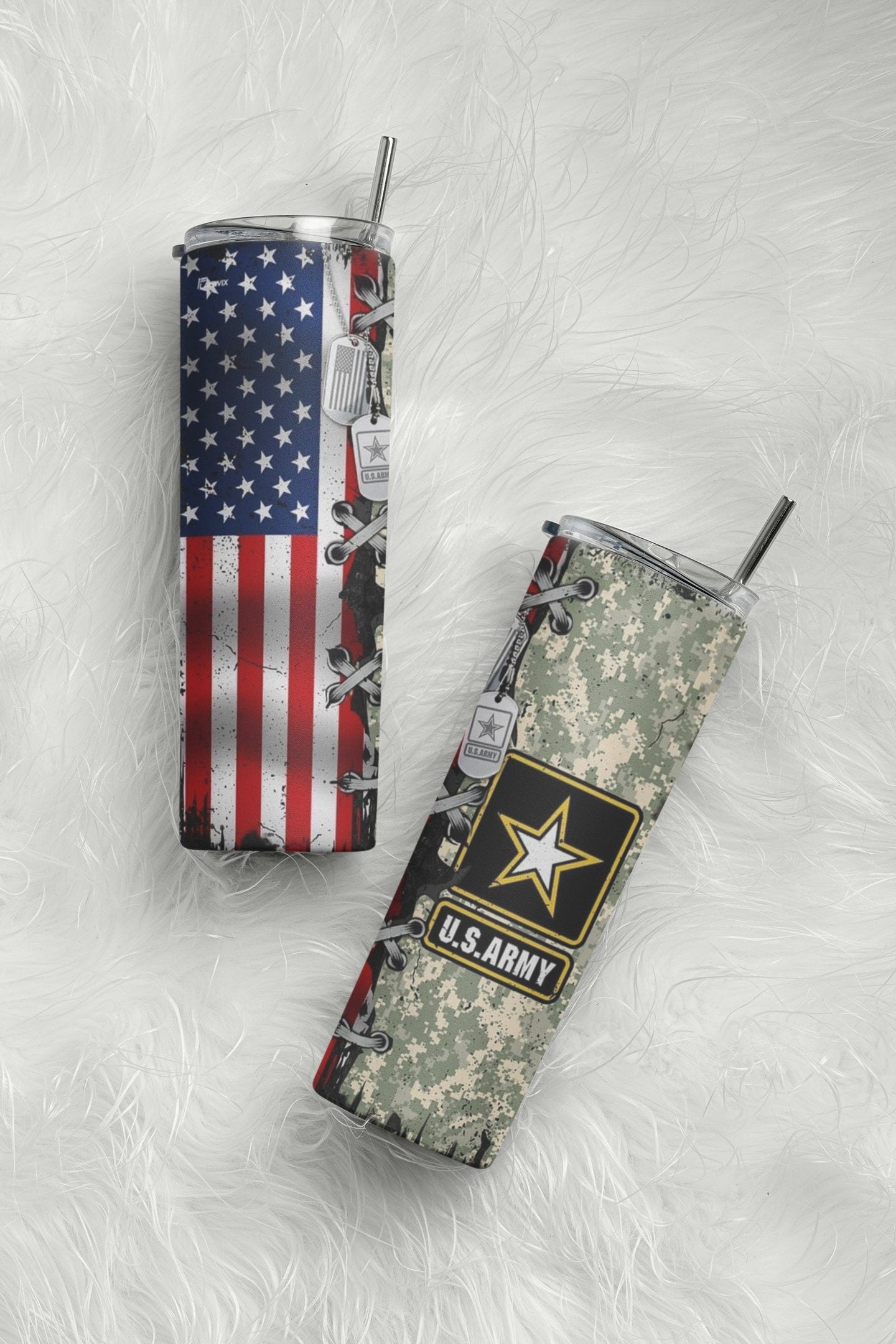 Army Stitched Flag - 20 oz Insulated Stainless Steel Tumbler with Plastic Leak Resistant Lid and Metal Straw with Straw Cleaning Brush included