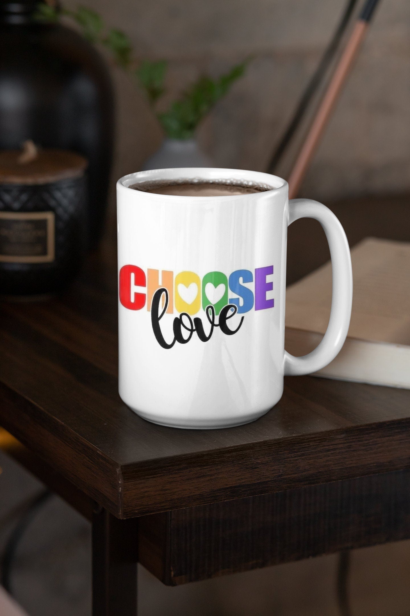 Elige Amor - Taza de cerámica de 15 oz recubierta de esmalte con asa. diseño impreso en ambos lados