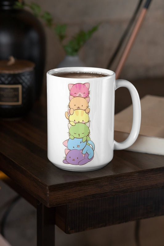 Purrride Kitties Rainbow - Taza de cerámica de 15 oz recubierta de esmalte con asa. diseño impreso en ambos lados