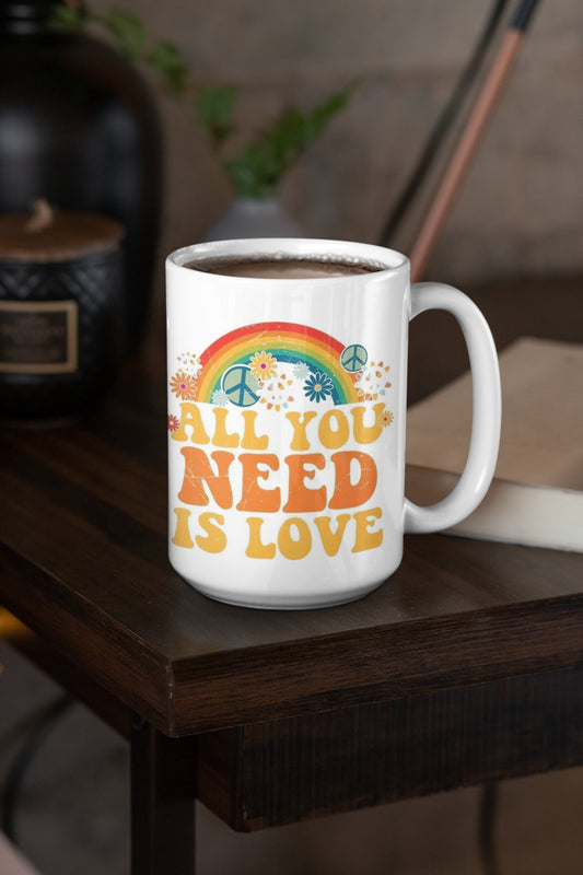 All You Need is Love - Taza de cerámica de 15 oz con revestimiento esmaltado y asa. diseño impreso en ambos lados