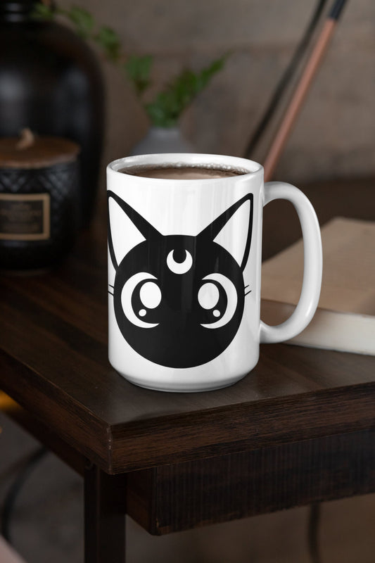 Sailor Moon - Luna - Taza de cerámica esmaltada de 15 oz recubierta con asa. diseño impreso en ambos lados