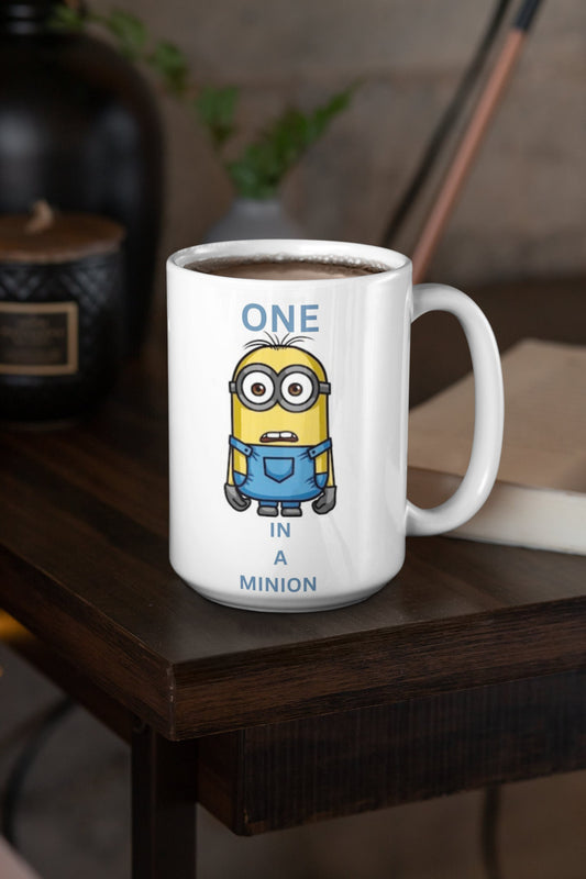 One in a Minion - 15 oz Ceramic Mug Enamel Coated with handle. design printed on both sides