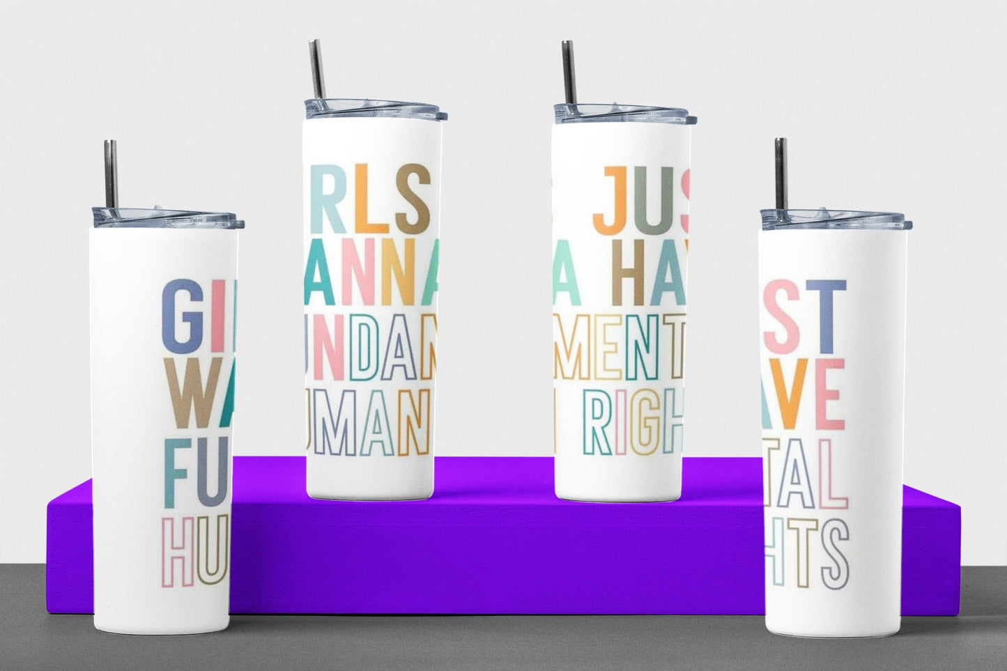 Girls Just Wanna Have Fun(damental Human Rights) - 20 oz Insulated Stainless Steel Tumbler with Plastic Leak Resistant Lid and Metal Straw with Straw Cleaning Brush included