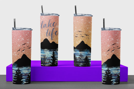 Lake Life Mountains - Vaso aislado de acero inoxidable de 20 oz con tapa de plástico resistente a fugas y pajita de metal con cepillo de limpieza para pajita incluido