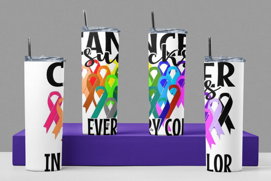 Cancer Sucks - En todos los colores - Vaso de acero inoxidable aislado de 20 oz con tapa de plástico resistente a fugas y pajita de metal con cepillo de limpieza de pajita incluido