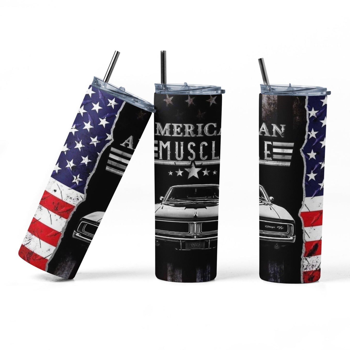 American Muscle - Bandera y coche - Vaso de acero inoxidable aislado de 20 oz con tapa de plástico resistente a fugas y pajita de metal con cepillo de limpieza de pajita incluido