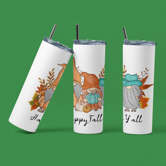 Gnome - Happy Fall Y'All - Vaso de acero inoxidable aislado de 20 oz con tapa de plástico resistente a fugas y pajita de metal con cepillo de limpieza de pajita incluido