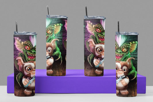 Gremlin and Gizmo - Vaso aislado de acero inoxidable de 20 oz con tapa de plástico resistente a fugas y pajita de metal con cepillo de limpieza de pajita incluido