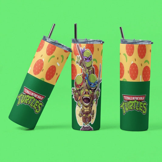 Turtles - Ninja Pizza - Vaso aislado de acero inoxidable de 20 oz con tapa de plástico resistente a fugas y pajita de metal con cepillo de limpieza de pajita incluido