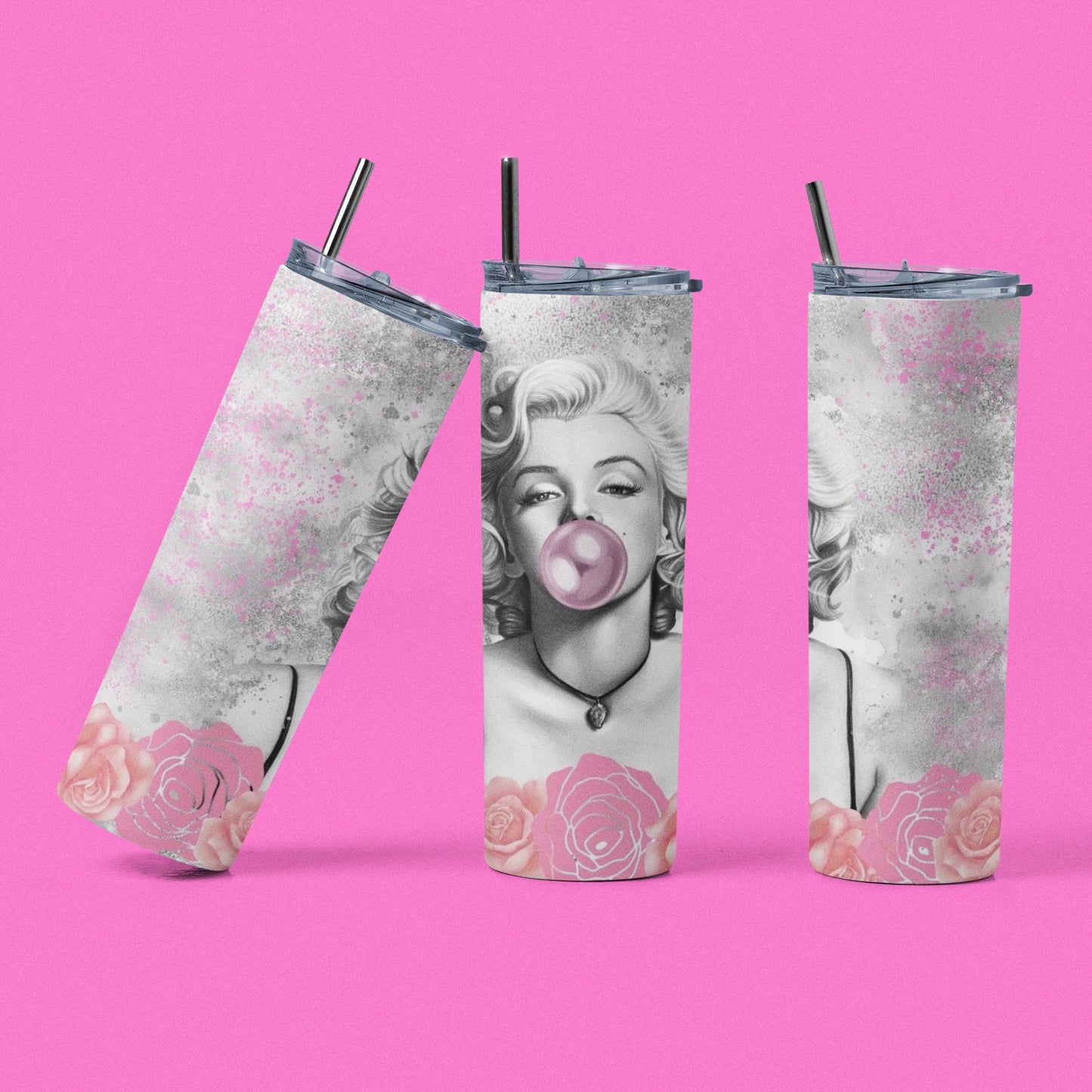 Marilyn - Bubble Glitter - Vaso aislado de acero inoxidable de 20 oz con tapa de plástico resistente a fugas y pajita de metal con cepillo de limpieza para pajita incluido