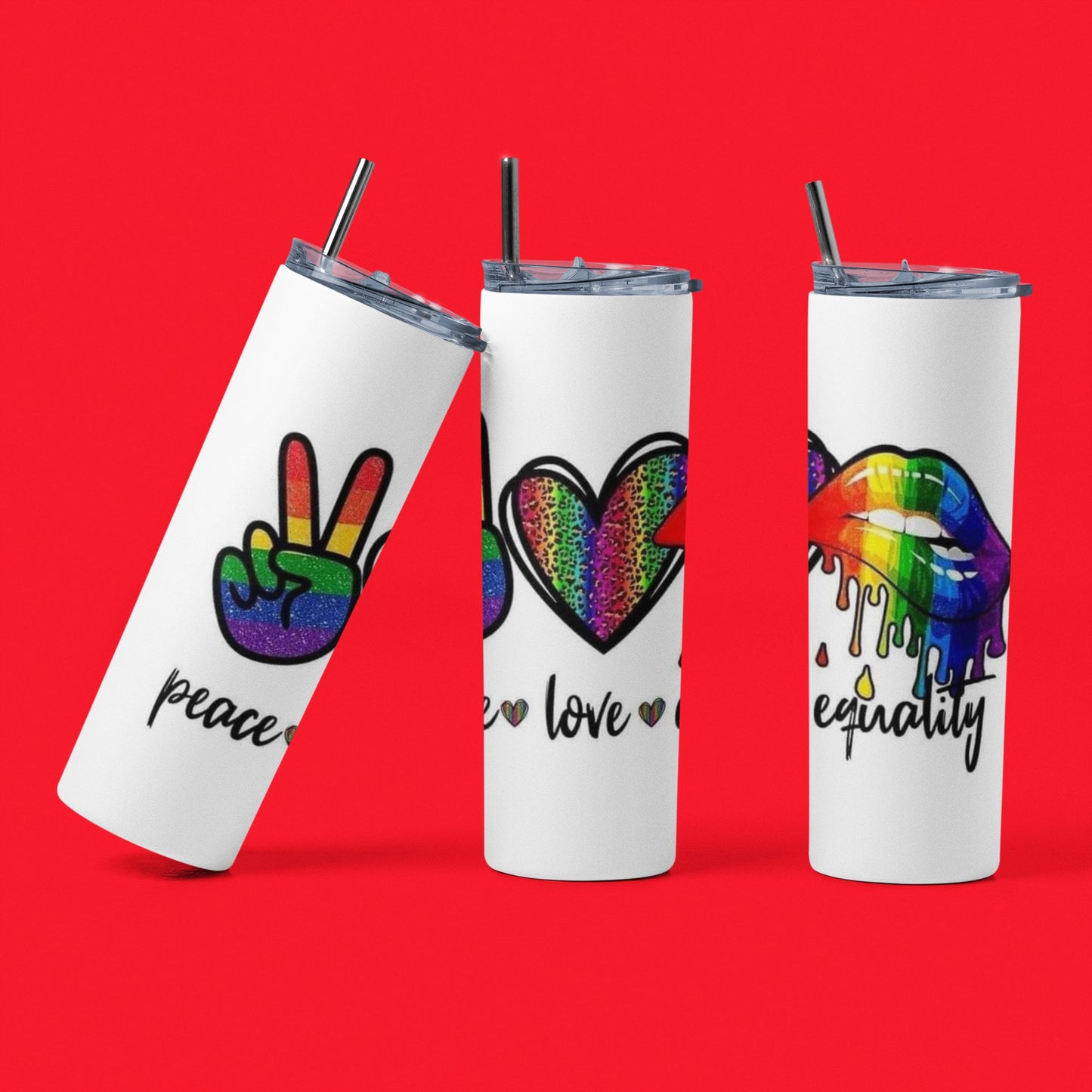 Pride - Peace Love Equality - 20 oz Insulated Stainless Steel Tumbler with Plastic Leak Resistant Lid and Metal Straw with Straw Cleaning Brush included