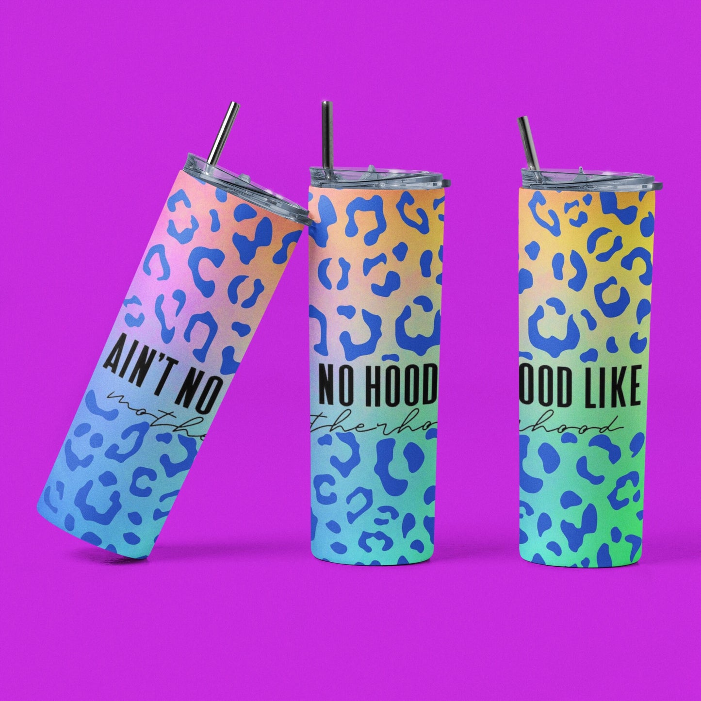 Ain't No Hood Like Motherhood - 20 oz Insulated Stainless Steel Tumbler with Plastic Leak Resistant Lid and Metal Straw with Straw Cleaning Brush included