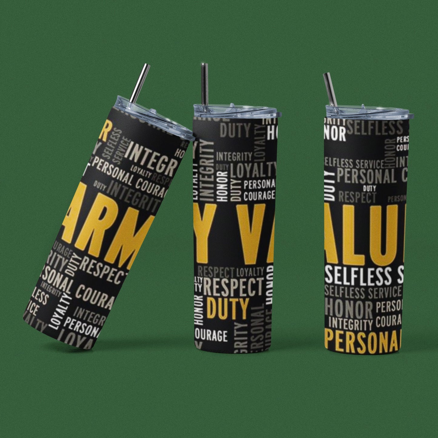 Army Values - 20 oz Insulated Stainless Steel Tumbler with Plastic Leak Resistant Lid and Metal Straw with Straw Cleaning Brush included