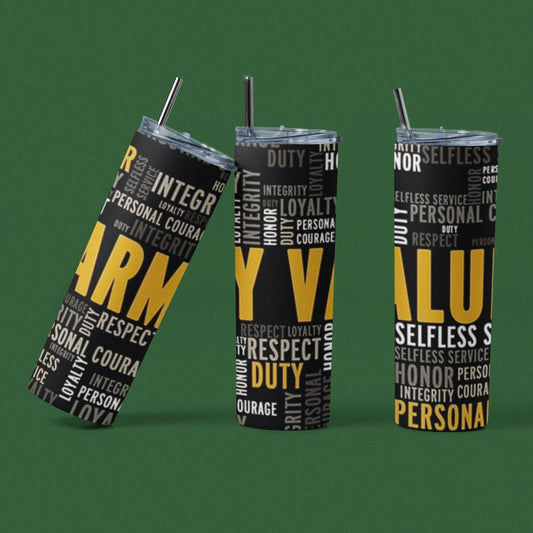 Army Values ​​- Vaso aislado de acero inoxidable de 20 oz con tapa de plástico resistente a fugas y pajita de metal con cepillo de limpieza para pajitas incluido