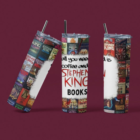 All You Need is Coffee and Stephen King Books - 20 oz Insulated Stainless Steel Tumbler with Plastic Leak Resistant Lid and Metal Straw with Straw Cleaning Brush included