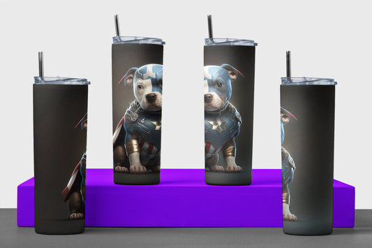 Pitbull - Capitán América - Vaso de acero inoxidable aislado de 20 oz con tapa de plástico resistente a fugas y pajita de metal con cepillo de limpieza de pajita incluido