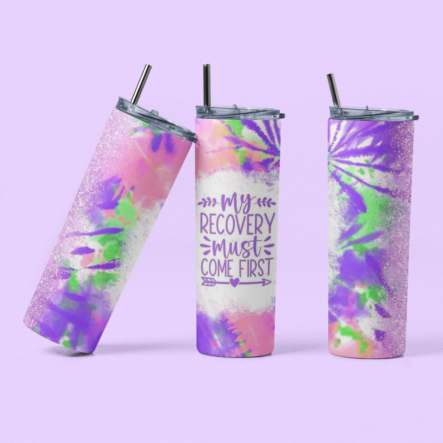 My Recovery Must Come First – Tie Dye – Vaso de acero inoxidable aislado de 20 oz con tapa de plástico resistente a fugas y pajita de metal con cepillo de limpieza de pajita incluido