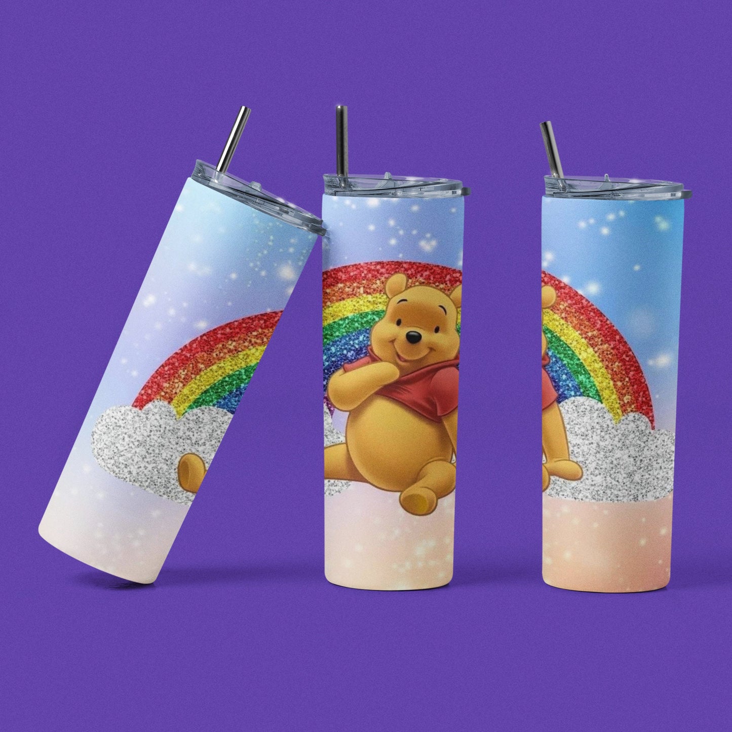 Winnie - Glitter Rainbow - Vaso aislado de acero inoxidable de 20 oz con tapa de plástico resistente a fugas y pajita de metal con cepillo de limpieza para pajita incluido