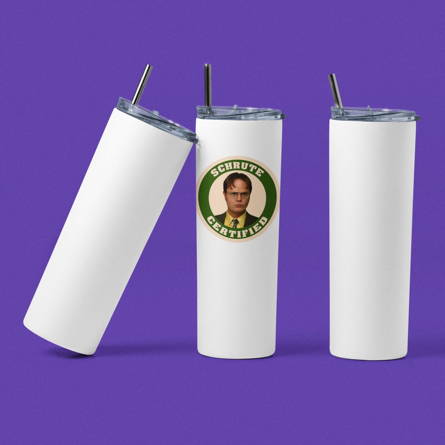 Schrute Certified - 20 oz Insulated Stainless Steel Tumbler with Plastic Leak Resistant Lid and Metal Straw with Straw Cleaning Brush included