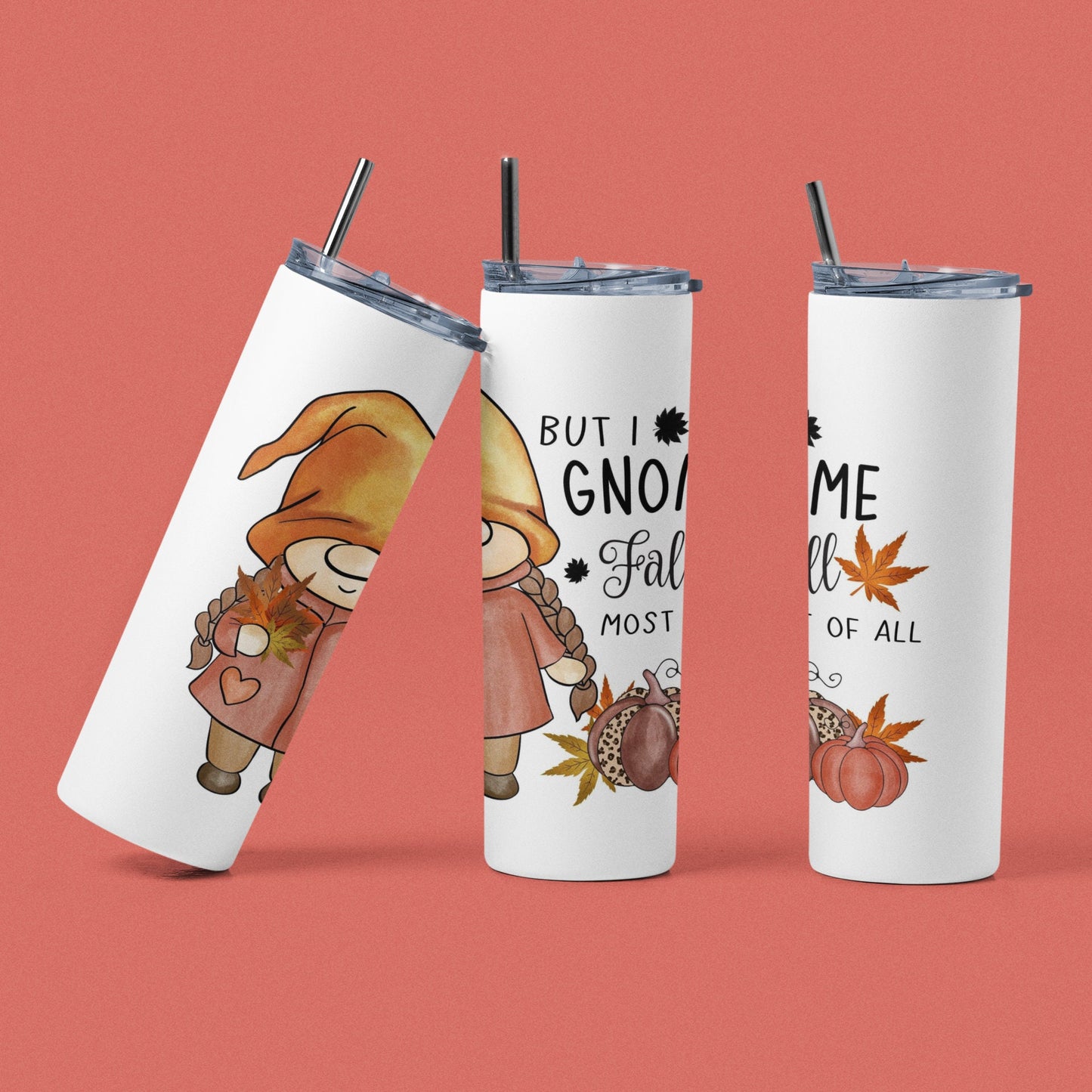 Pero I Gnome Fall Most of All - Vaso de acero inoxidable aislado de 20 oz con tapa de plástico resistente a fugas y pajita de metal con cepillo de limpieza de pajita incluido