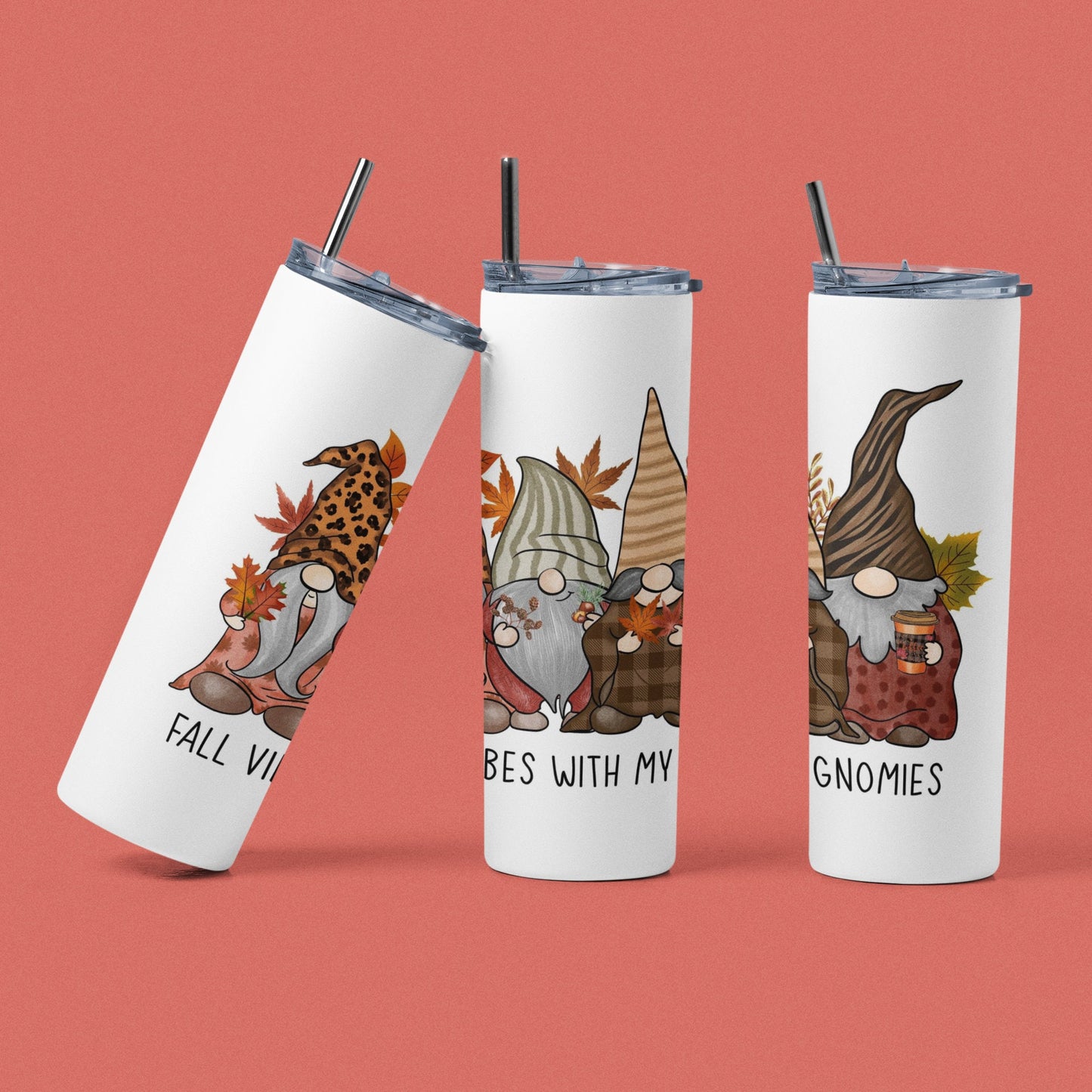 Fall Vibes With My Gnomies - Vaso de acero inoxidable aislado de 20 oz con tapa de plástico resistente a fugas y pajita de metal con cepillo de limpieza de pajita incluido