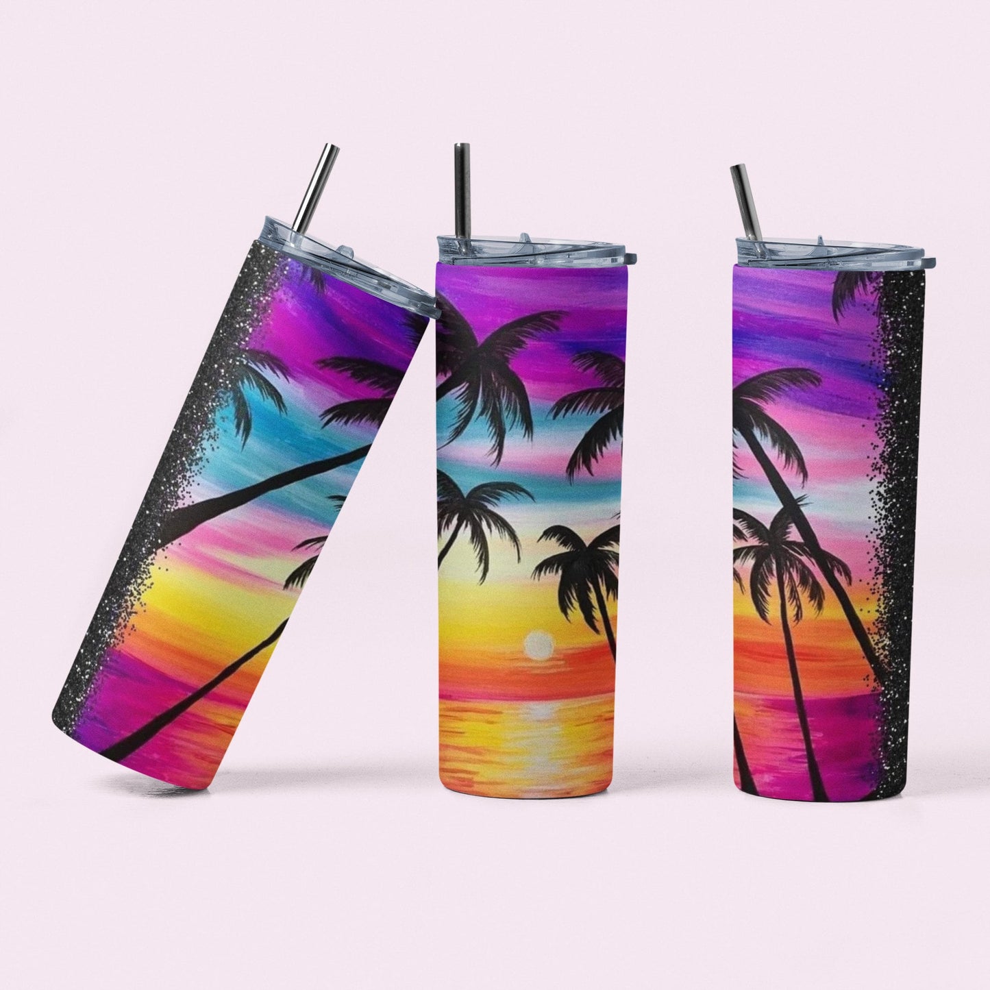 Sunset Beach Palm Trees - 20 oz Insulated Stainless Steel Tumbler with Plastic Leak Resistant Lid and Metal Straw with Straw Cleaning Brush included