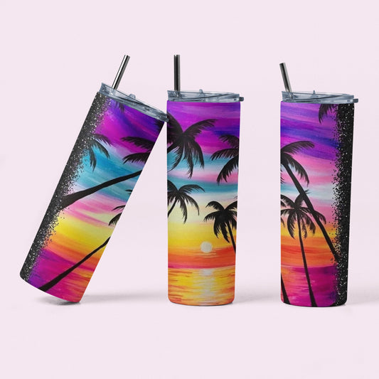 Sunset Beach with Palm Trees - 20 oz Insulated Stainless Steel Tumbler with Plastic Leak Resistant Lid and Metal Straw with Straw Cleaning Brush included