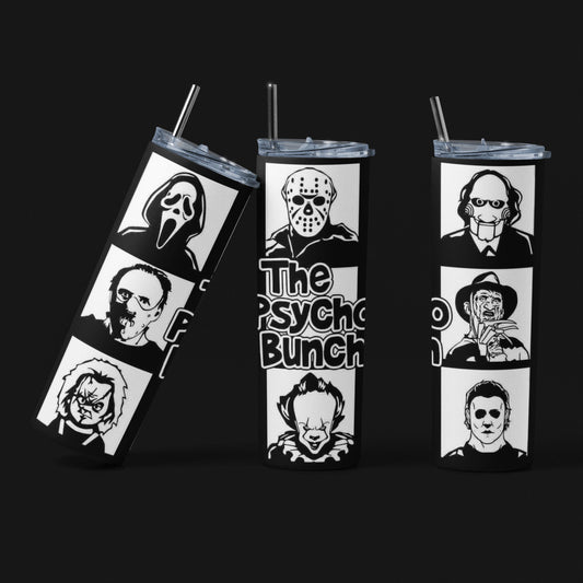 The Psycho Bunch - Horror - Vaso de acero inoxidable aislado de 20 oz con tapa de plástico resistente a fugas y pajita de metal con cepillo de limpieza de pajita incluido