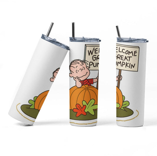 Great Pumpkin Welcome - 20 oz Insulated Stainless Steel Tumbler with Plastic Leak Resistant Lid and Metal Straw with Straw Cleaning Brush included