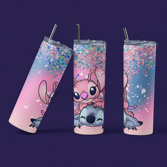 Alien Pink and Blue Glitter - 20 oz Insulated Stainless Steel Tumbler with Plastic Leak Resistant Lid and Metal Straw with Straw Cleaning Brush included
