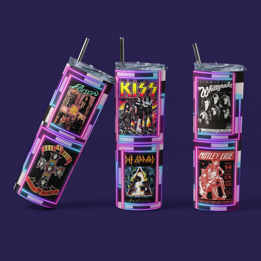 Classic Rock Hair Bands - 20 oz Insulated Stainless Steel Tumbler with Plastic Leak Resistant Lid and Metal Straw with Straw Cleaning Brush included