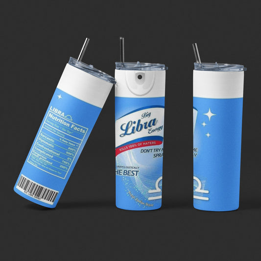 Spray - Big Libra Energy - Vaso aislado de acero inoxidable de 20 oz con tapa de plástico resistente a fugas y pajita de metal con cepillo de limpieza para pajitas incluido