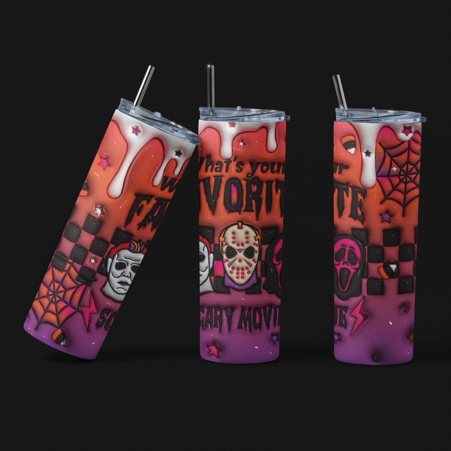 What's Your Favorite Scary Movie 3D - 20 oz Insulated Stainless Steel Tumbler with Plastic Leak Resistant Lid and Metal Straw with Straw Cleaning Brush included