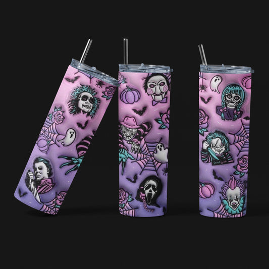 Horror Faces Cute 3D - 20 oz Insulated Stainless Steel Tumbler with Plastic Leak Resistant Lid and Metal Straw with Straw Cleaning Brush included