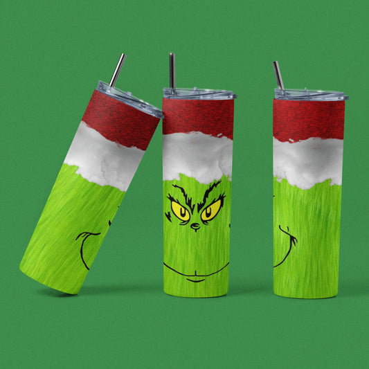 Grinch Face Furry - 20 oz Insulated Stainless Steel Tumbler with Plastic Leak Resistant Lid and Metal Straw with Straw Cleaning Brush included