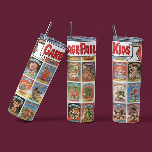 Garbage Pail Kids - Vaso aislado de acero inoxidable de 20 oz con tapa de plástico resistente a fugas y pajita de metal con cepillo de limpieza para pajitas incluido