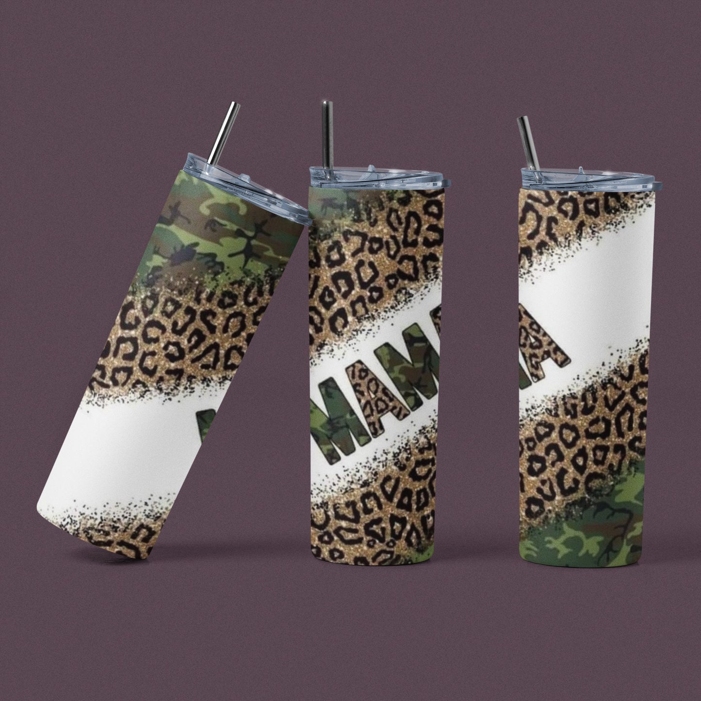 Mama - Estampado de camuflaje y leopardo - Vaso de acero inoxidable aislado de 20 oz con tapa de plástico resistente a fugas y pajita de metal con cepillo de limpieza para pajita incluido