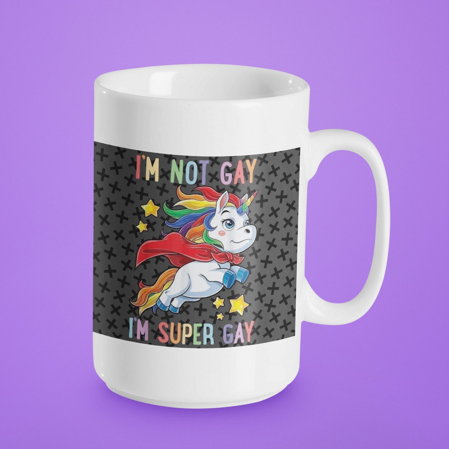 I'm Not Gay I'm Super Gay - Taza de cerámica de 15 oz con revestimiento esmaltado y asa. diseño impreso en ambos lados