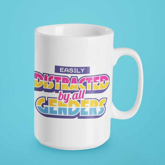 Easily Distracted By All Genders - 15 oz Ceramic Mug Enamel Coated with handle. design printed on both sides