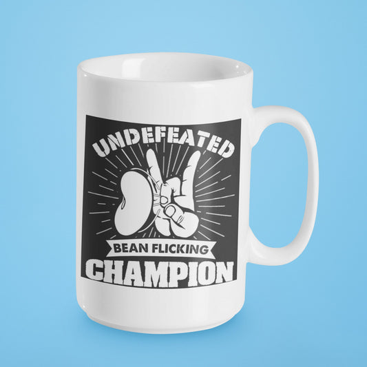 Campeón invicto de frijol Flicking - Taza de cerámica de 15 oz recubierta de esmalte con asa. diseño impreso en ambos lados