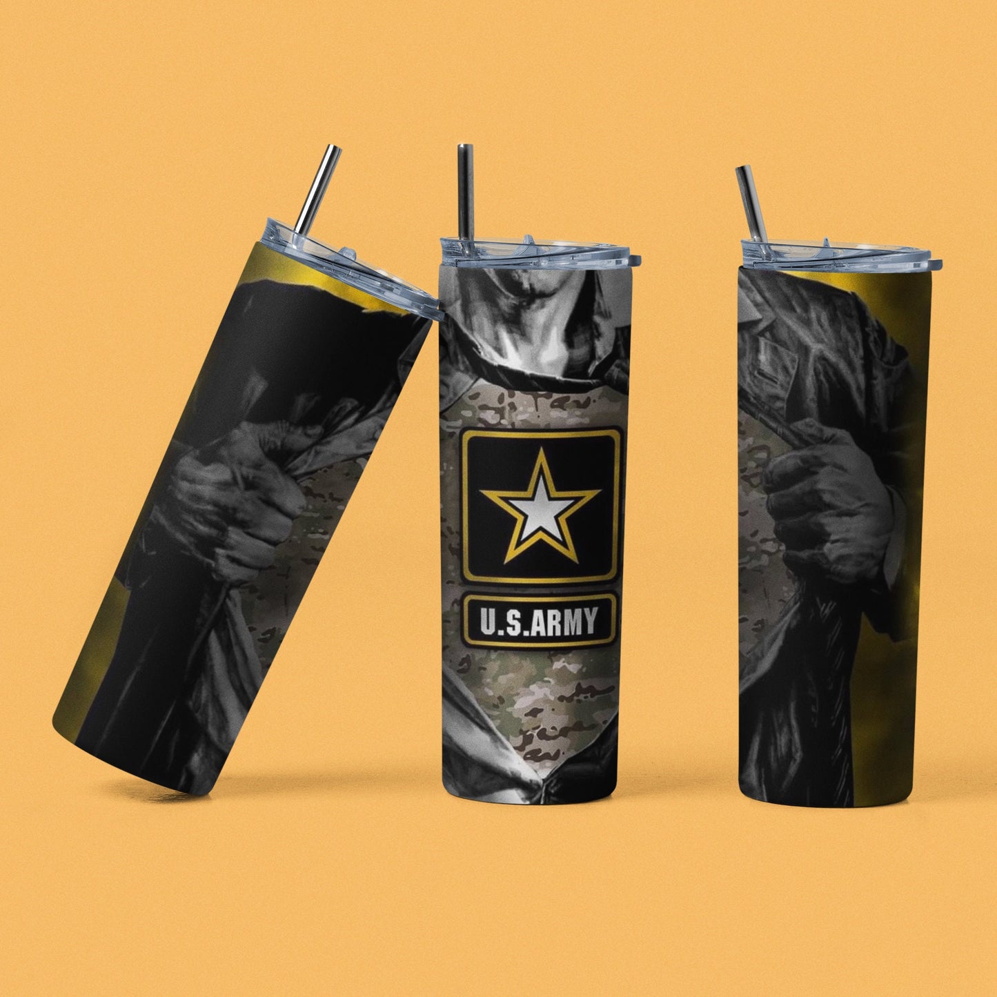 Super Hero - Army - Vaso aislado de acero inoxidable de 20 oz con tapa de plástico resistente a fugas y pajita de metal con cepillo de limpieza para pajitas incluido