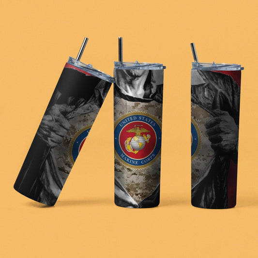 Super Hero - Marines - 20 oz Insulated Stainless Steel Tumbler with Plastic Leak Resistant Lid and Metal Straw with Straw Cleaning Brush included