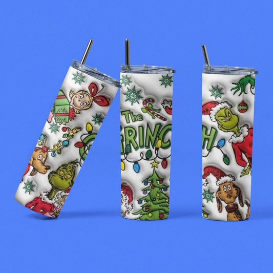 The Grinch 3D - Vaso aislado de acero inoxidable de 20 oz con tapa de plástico resistente a fugas y pajita de metal con cepillo de limpieza para pajitas incluido