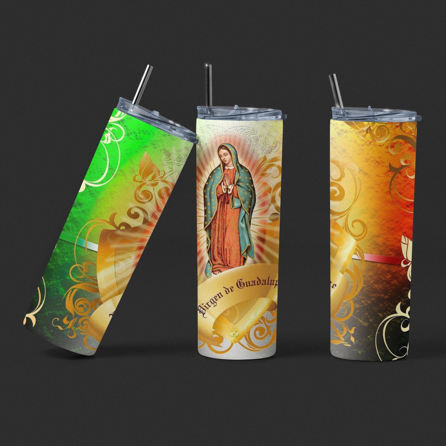 Virgen de Guadalupe - 20 oz Insulated Stainless Steel Tumbler with Plastic Leak Resistant Lid and Metal Straw with Straw Cleaning Brush included