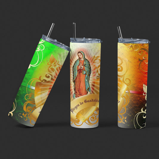 Virgen de Guadalupe - 20 oz Insulated Stainless Steel Tumbler with Plastic Leak Resistant Lid and Metal Straw with Straw Cleaning Brush included