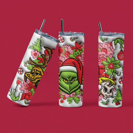 The Grinch, Max and CindyLou Who 3D - Vaso aislado de acero inoxidable de 20 oz con tapa de plástico resistente a fugas y pajita de metal con cepillo de limpieza para pajita incluido