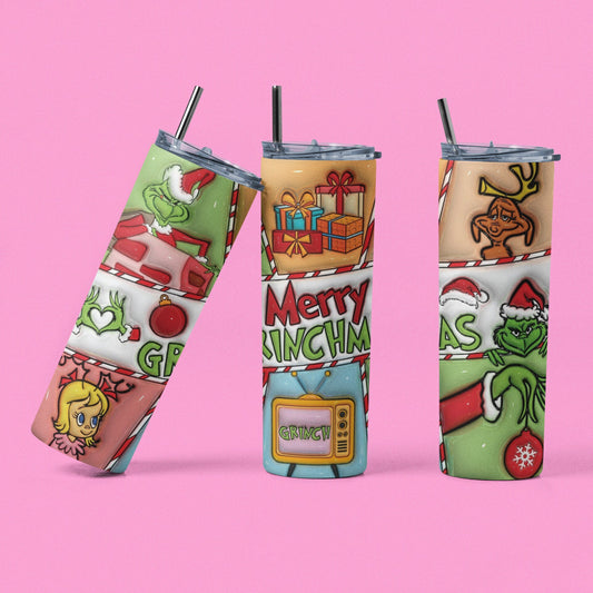 Merry Grinchmas Cast 3D - Vaso de acero inoxidable aislado de 20 oz con tapa de plástico resistente a fugas y pajita de metal con cepillo de limpieza de pajita incluido