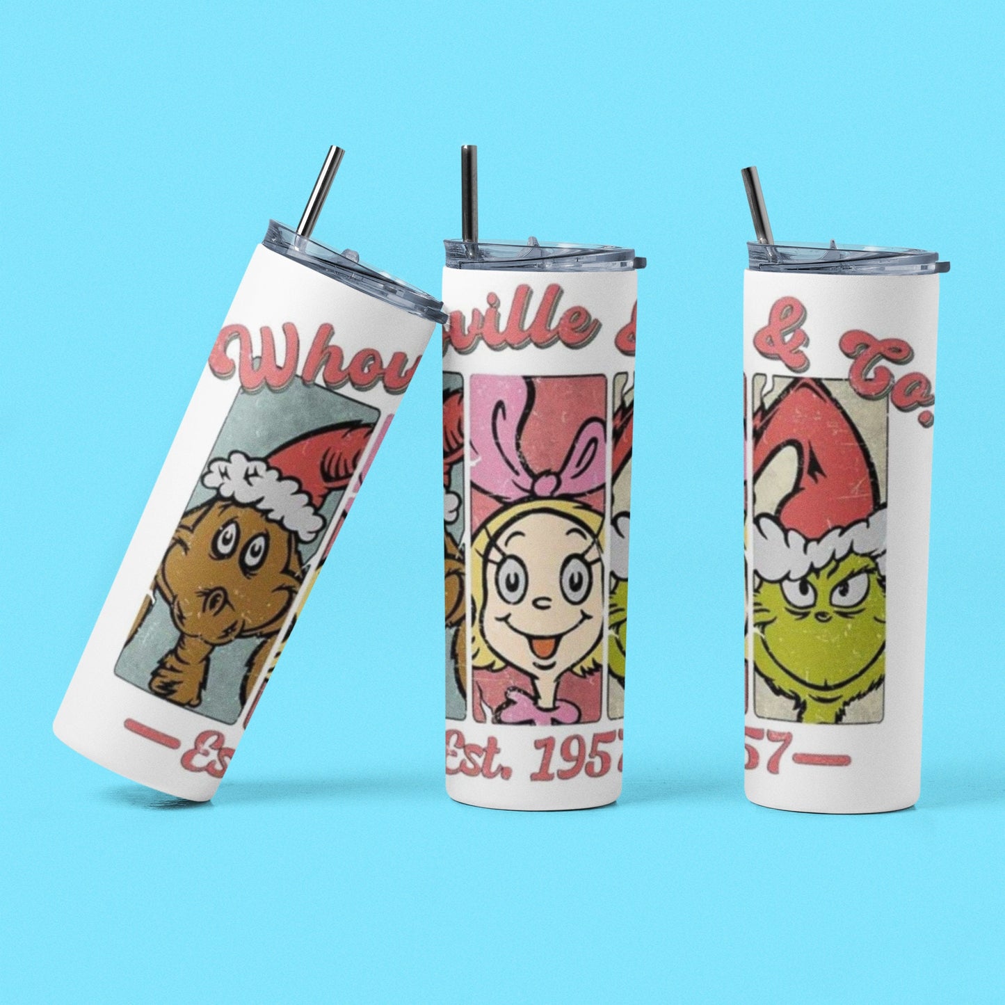 Whoville &amp; Co. - Vaso aislado de acero inoxidable de 20 oz con tapa de plástico resistente a fugas y pajita de metal con cepillo de limpieza para pajitas incluido