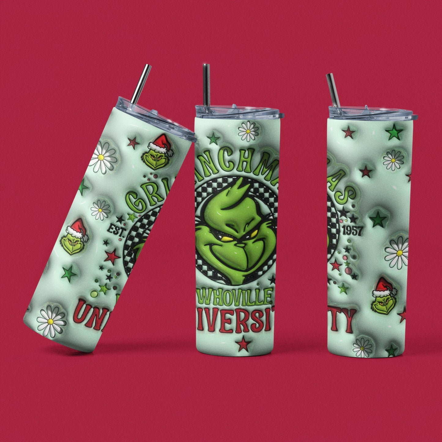 Grinchmas University Whoville 3D - Vaso de acero inoxidable aislado de 20 oz con tapa de plástico resistente a fugas y pajita de metal con cepillo de limpieza de pajita incluido